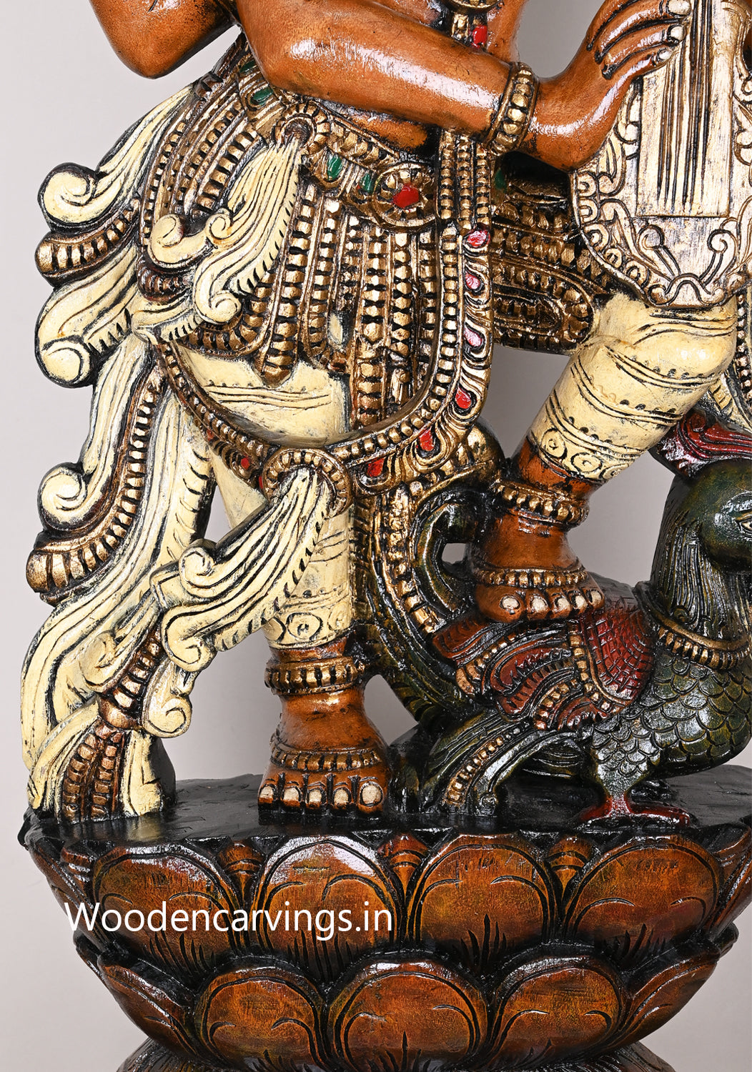 Playing With White Veena Goddess Saraswathi on Green Bird Hamsa (Annapakshi) With Petal Lotus Wooden Sculpture 49"