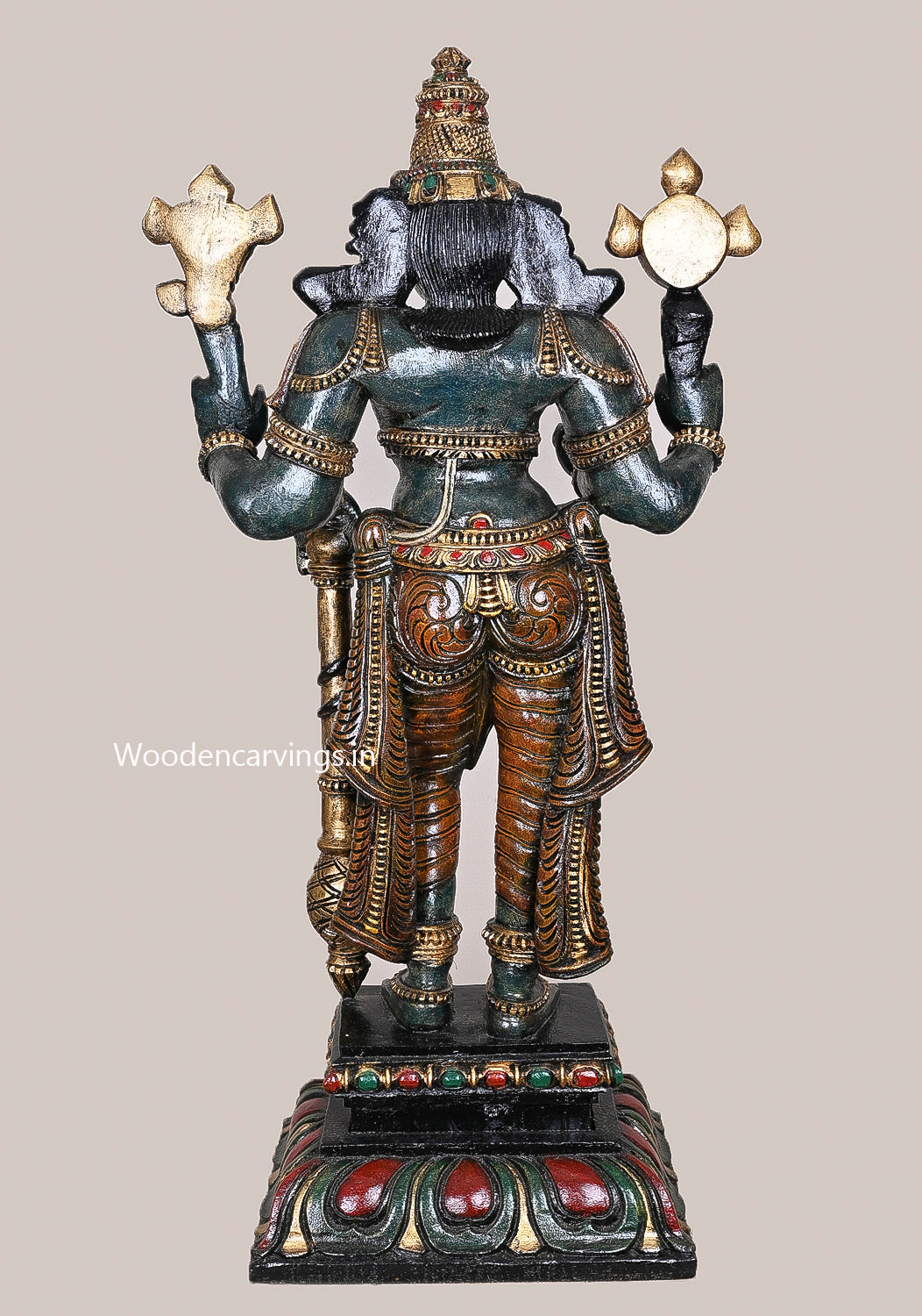 Standing Shree Shesha Vishnu Holding Maha Gadayuth Dark Green Finishing With Shank, Chakra Sculpture 36"