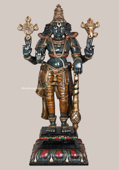 Standing Shree Shesha Vishnu Holding Maha Gadayuth Dark Green Finishing With Shank, Chakra Sculpture 36"