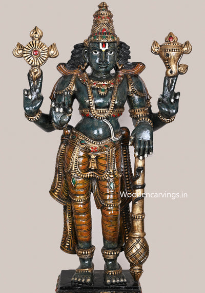 Standing Shree Shesha Vishnu Holding Maha Gadayuth Dark Green Finishing With Shank, Chakra Sculpture 36"