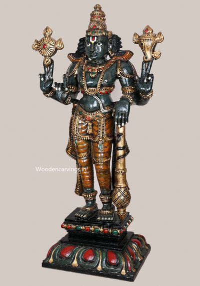 Standing Shree Shesha Vishnu Holding Maha Gadayuth Dark Green Finishing With Shank, Chakra Sculpture 36"