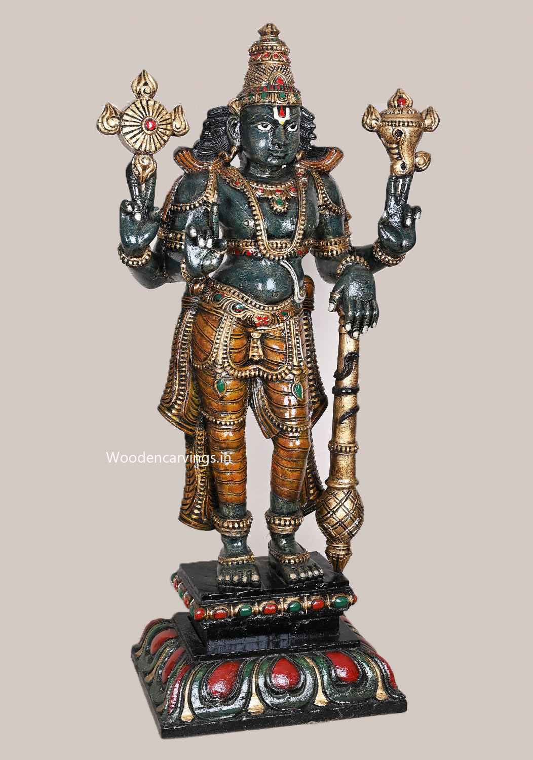 Standing Shree Shesha Vishnu Holding Maha Gadayuth Dark Green Finishing With Shank, Chakra Sculpture 36"