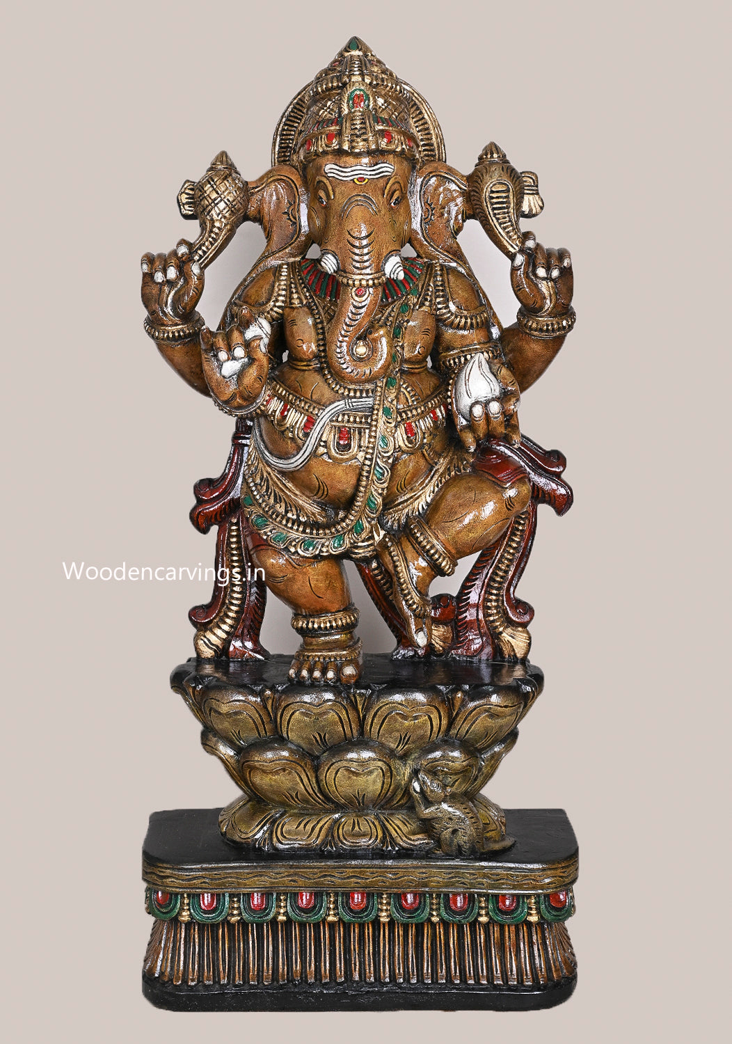 Full Figurine Of Shri Maha Ganapathy Dancing On Double Petal Grey Lotus Holding White Mothak Sculpture 42"