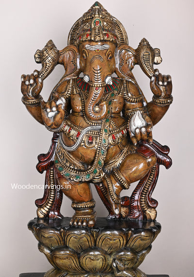 Full Figurine Of Shri Maha Ganapathy Dancing On Double Petal Grey Lotus Holding White Mothak Sculpture 42"