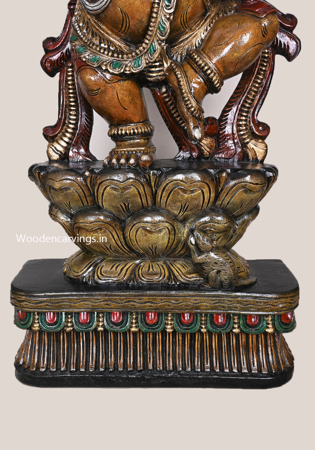 Full Figurine Of Shri Maha Ganapathy Dancing On Double Petal Grey Lotus Holding White Mothak Sculpture 42"