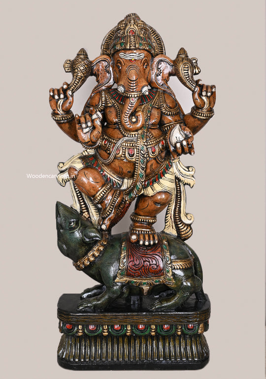 Dancing Big Mushak Belly Ganapathy Holding White Mothak Handcrafted Coloured Showpiece Sculpture 41"