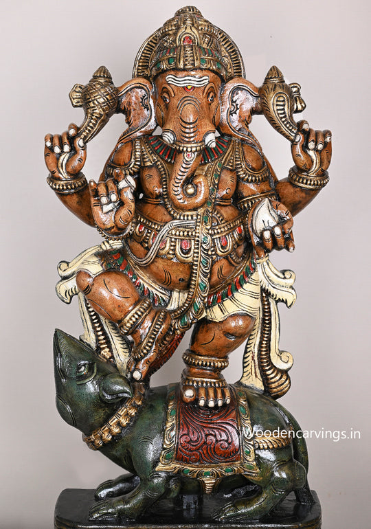 Dancing Big Mushak Belly Ganapathy Holding White Mothak Handcrafted Coloured Showpiece Sculpture 41"