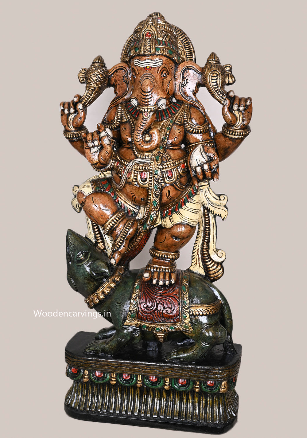 Dancing Big Mushak Belly Ganapathy Holding White Mothak Handcrafted Coloured Showpiece Sculpture 41"