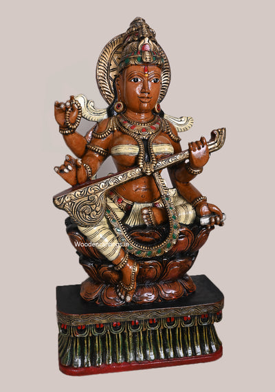 Shree Goddess Saraswathi Sitting on Double Petal Grey Lotus Handcrafted Wooden Coloured Sculpture 36"