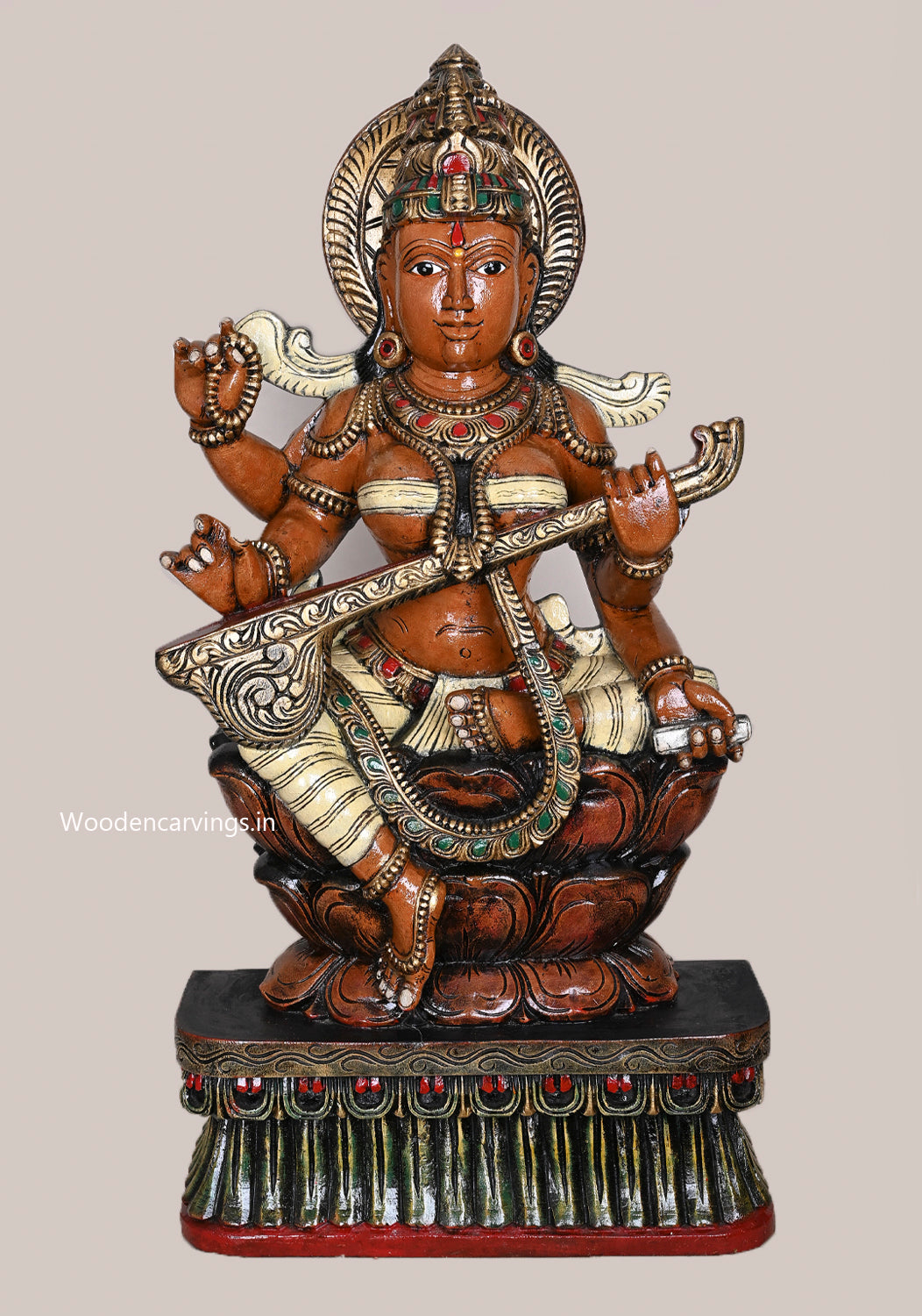 Shree Goddess Saraswathi Sitting on Double Petal Grey Lotus Handcrafted Wooden Coloured Sculpture 36"