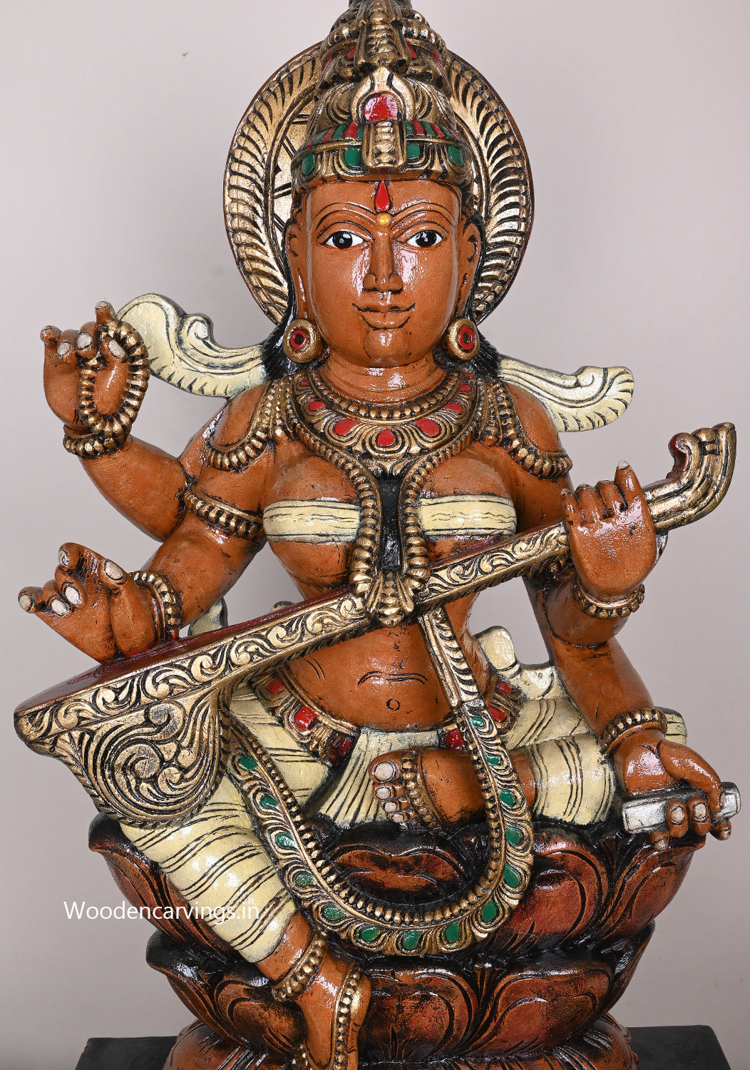 Shree Goddess Saraswathi Sitting on Double Petal Grey Lotus Handcrafted Wooden Coloured Sculpture 36"