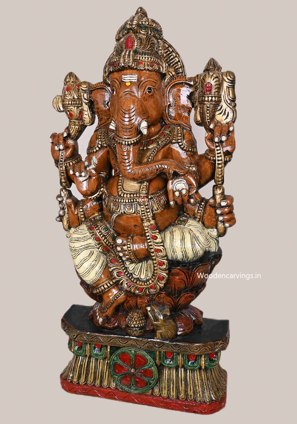 Sitting Six Armed Mothak Eating Ganapathy Multicoloured Handcrafted Home Decor Decorative Sculpture 37"