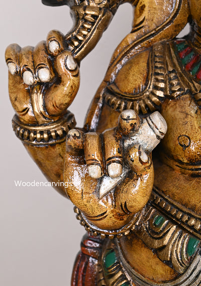 36" Shri Shubha Mangala Yellow Finished  Standing Four Armed Ganapathy Eating White Mothak Handcrafted Sculpture 36"