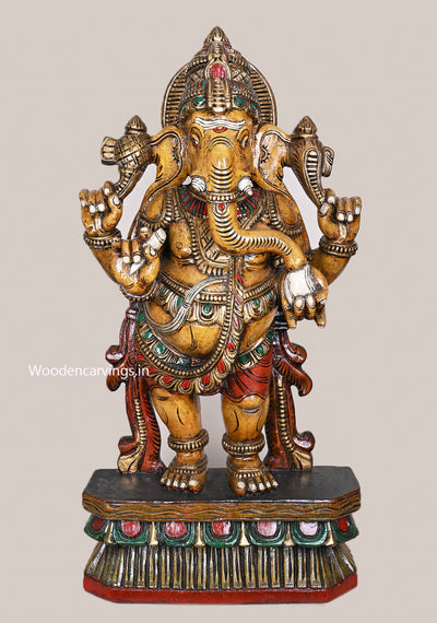 36" Shri Shubha Mangala Yellow Finished  Standing Four Armed Ganapathy Eating White Mothak Handcrafted Sculpture 36"