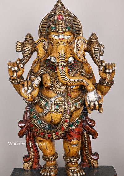 36" Shri Shubha Mangala Yellow Finished  Standing Four Armed Ganapathy Eating White Mothak Handcrafted Sculpture 36"