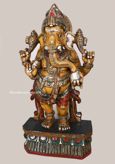 36" Shri Shubha Mangala Yellow Finished  Standing Four Armed Ganapathy Eating White Mothak Handcrafted Sculpture 36"