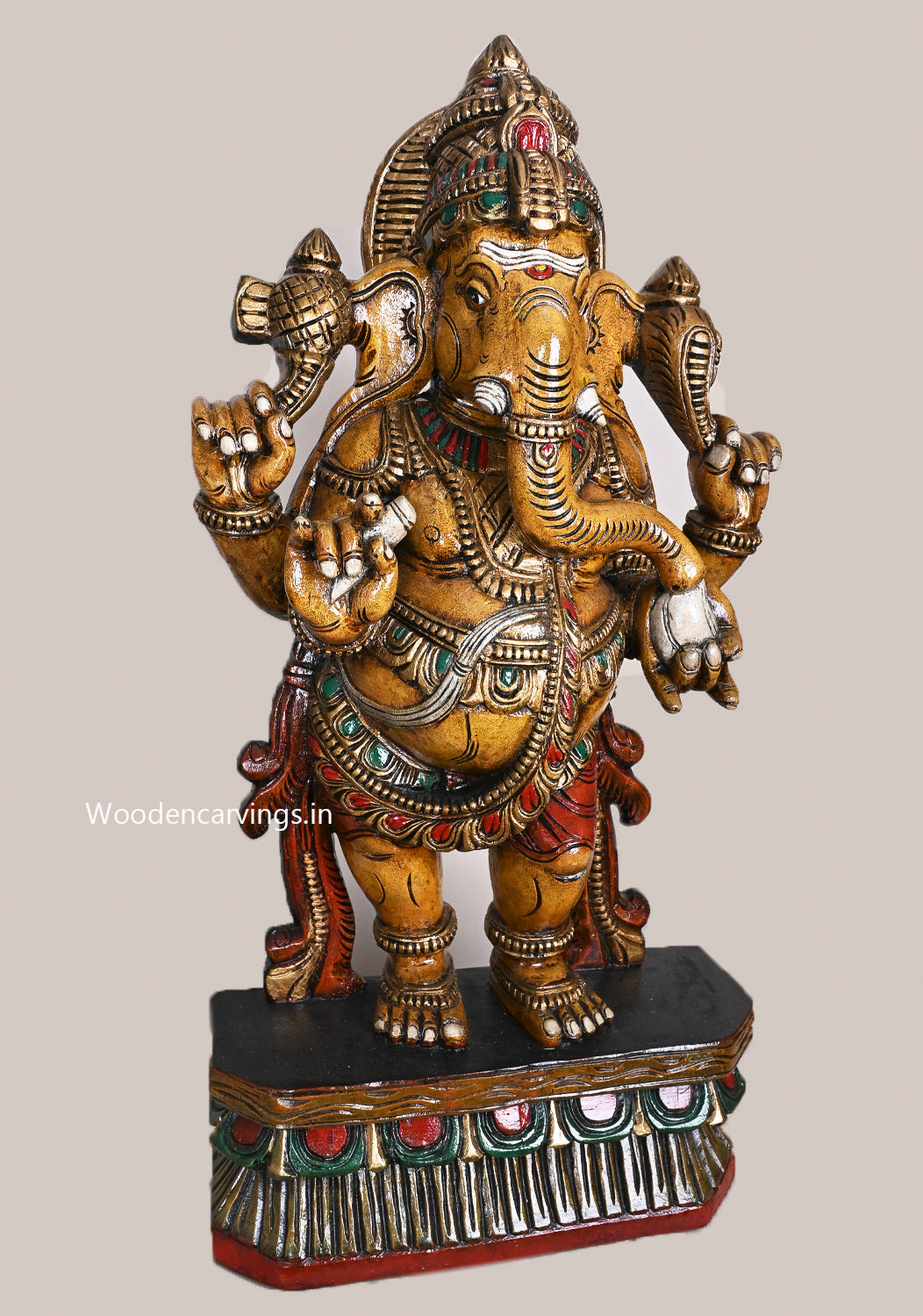 36" Shri Shubha Mangala Yellow Finished  Standing Four Armed Ganapathy Eating White Mothak Handcrafted Sculpture 36"