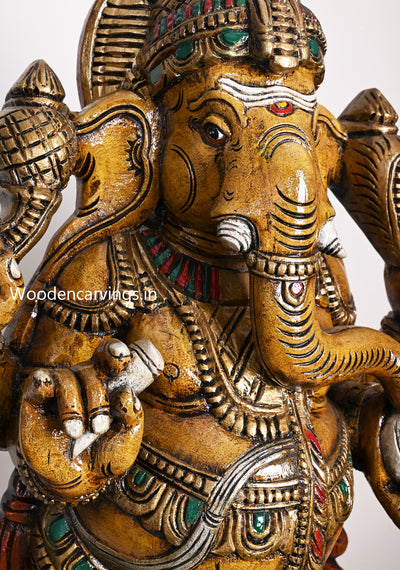 36" Shri Shubha Mangala Yellow Finished  Standing Four Armed Ganapathy Eating White Mothak Handcrafted Sculpture 36"