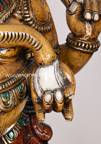 36" Shri Shubha Mangala Yellow Finished  Standing Four Armed Ganapathy Eating White Mothak Handcrafted Sculpture 36"