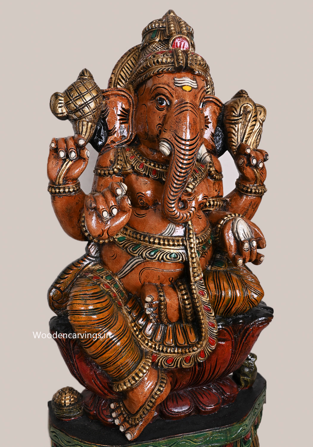 Brown Finished Pillayar on Red Lotus Colourful Vaagai Wood Handcrafted Sculpture For Home Decorations 35"