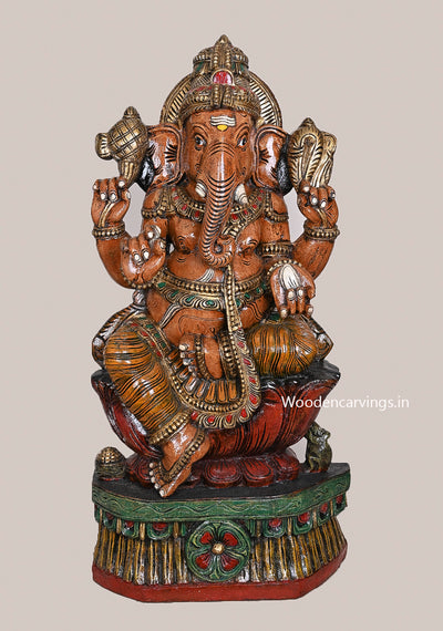 Brown Finished Pillayar on Red Lotus Colourful Vaagai Wood Handcrafted Sculpture For Home Decorations 35"