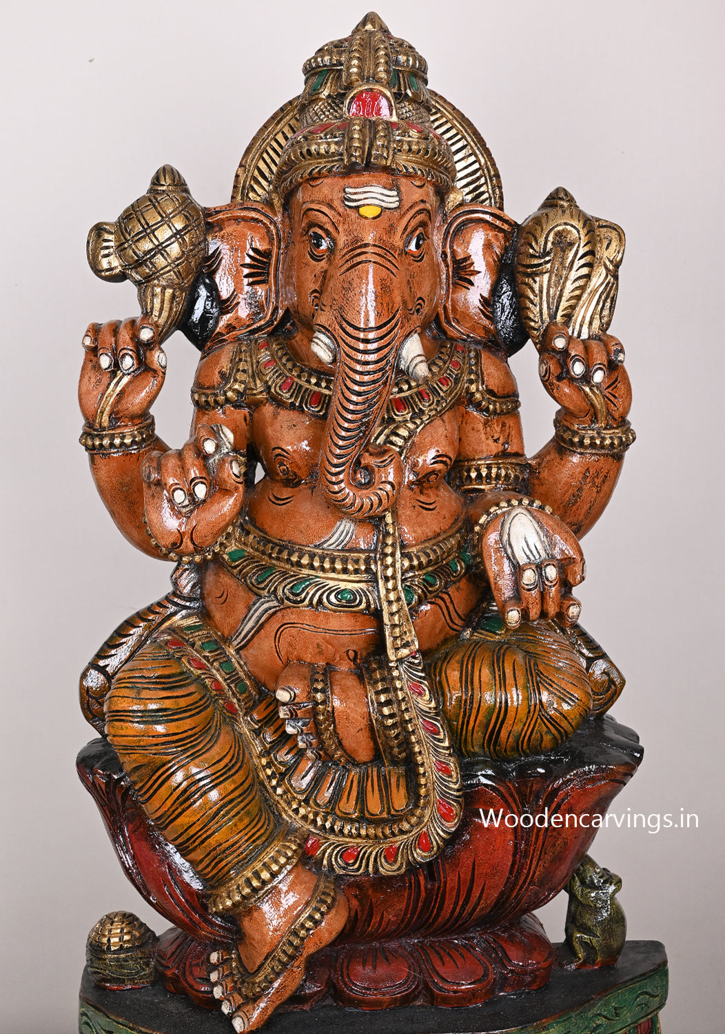 Brown Finished Pillayar on Red Lotus Colourful Vaagai Wood Handcrafted Sculpture For Home Decorations 35"