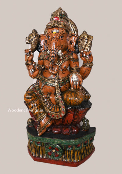 Brown Finished Pillayar on Red Lotus Colourful Vaagai Wood Handcrafted Sculpture For Home Decorations 35"