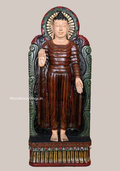 Standing Enlightenment Lord Blessing Abhaya Mudra Wooden Multicoloured Standing Light Weight Sculpture 24"