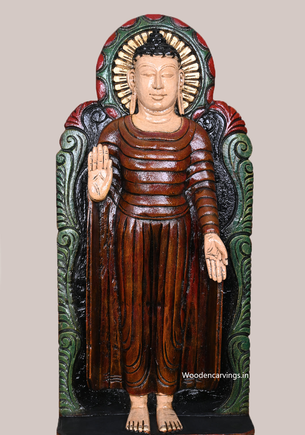 Standing Enlightenment Lord Blessing Abhaya Mudra Wooden Multicoloured Standing Light Weight Sculpture 24"