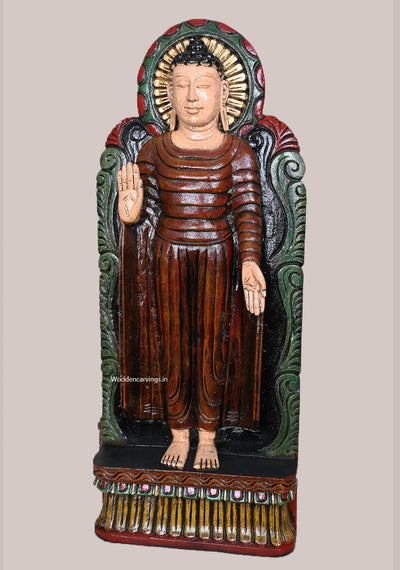 Standing Enlightenment Lord Blessing Abhaya Mudra Wooden Multicoloured Standing Light Weight Sculpture 24"