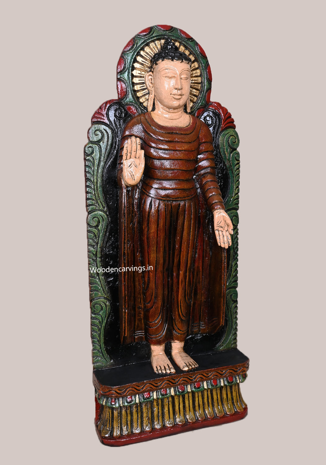 Standing Enlightenment Lord Blessing Abhaya Mudra Wooden Multicoloured Standing Light Weight Sculpture 24"