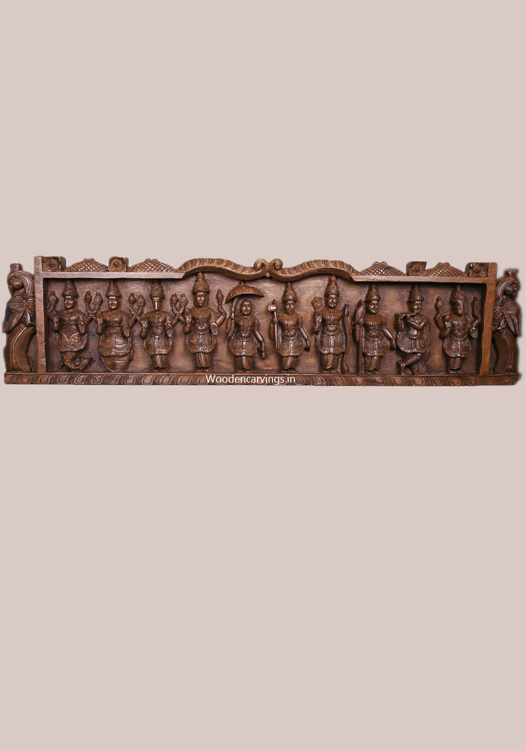 Home Vastu Dasavatar Murthi Handcrafted Horizontal Pooja Decoration Wooden Hooks Fixed Wall Panel 48"