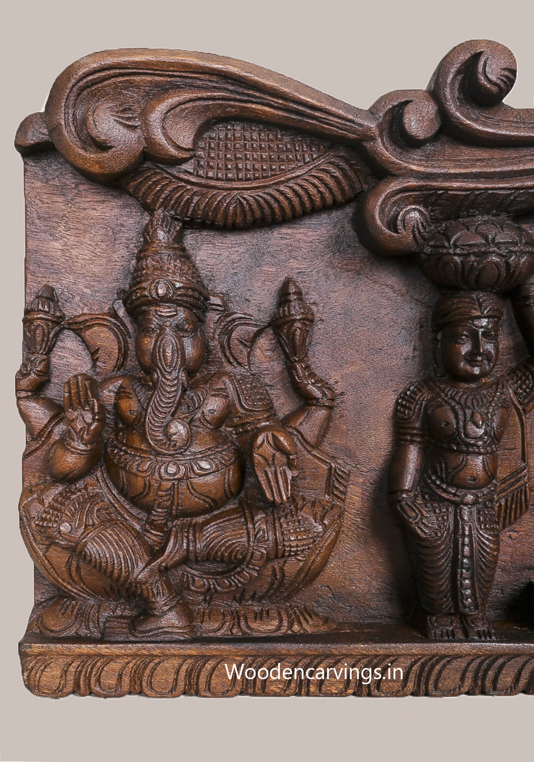 Horizontal Relaxing Lord Ganapathy and Sevagars Holding Jackfruit With Sitting Two Forms Ganapathy Wall Panel 32"