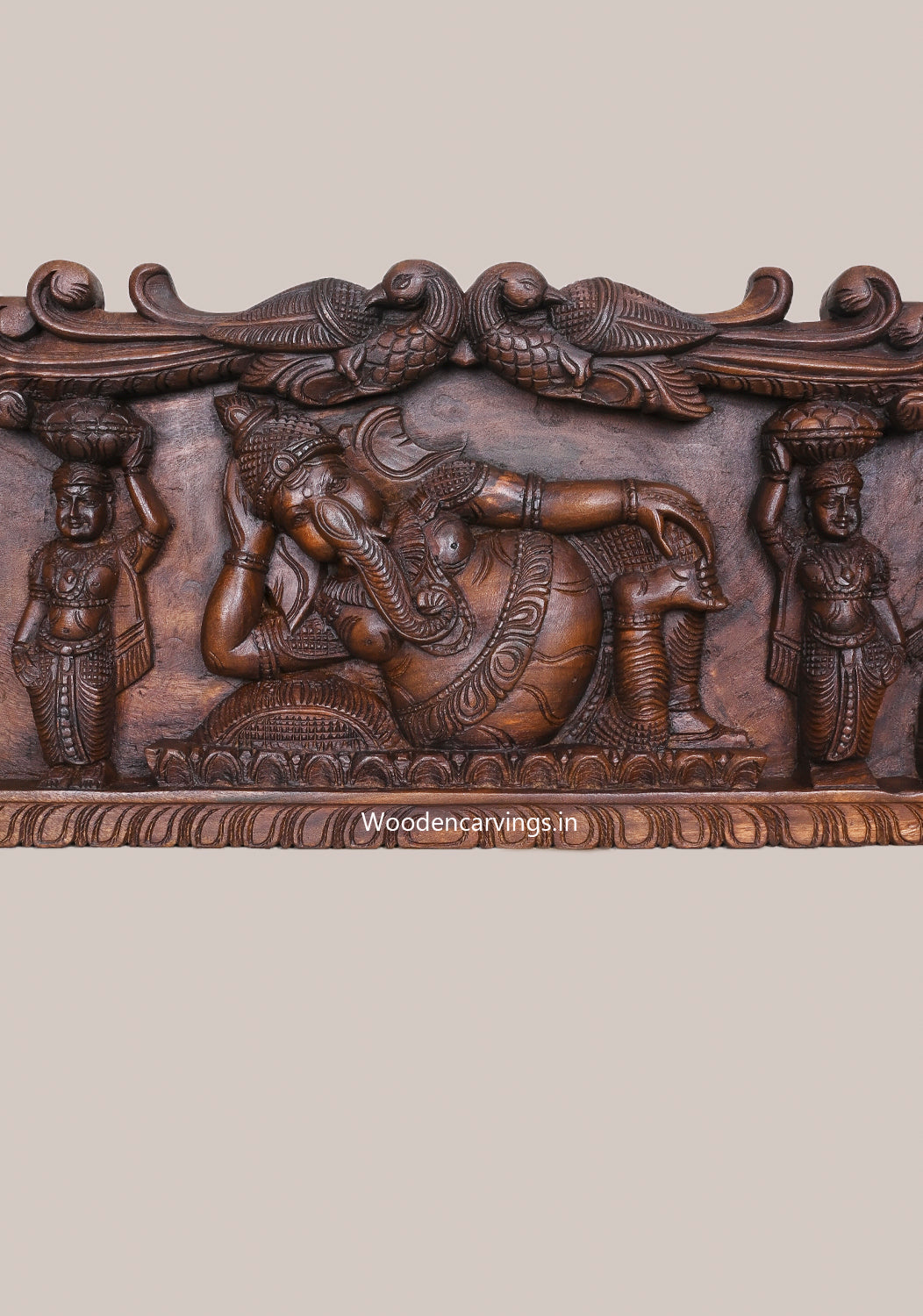 Horizontal Relaxing Lord Ganapathy and Sevagars Holding Jackfruit With Sitting Two Forms Ganapathy Wall Panel 32"