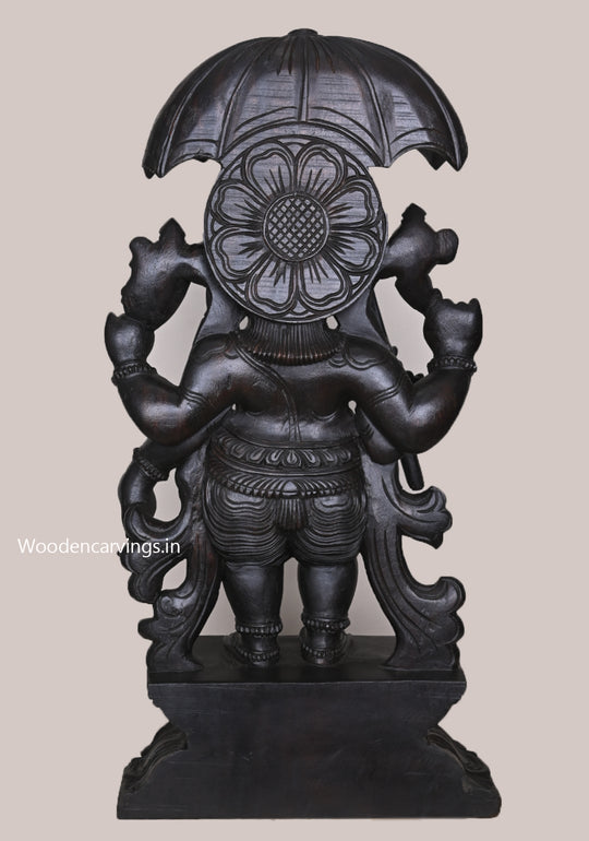 Dark Black Standing Chatra (Umbrella) Ganapathy Holding Kamandalu (Water Pot) Wooden Handmade Sculpture 36"