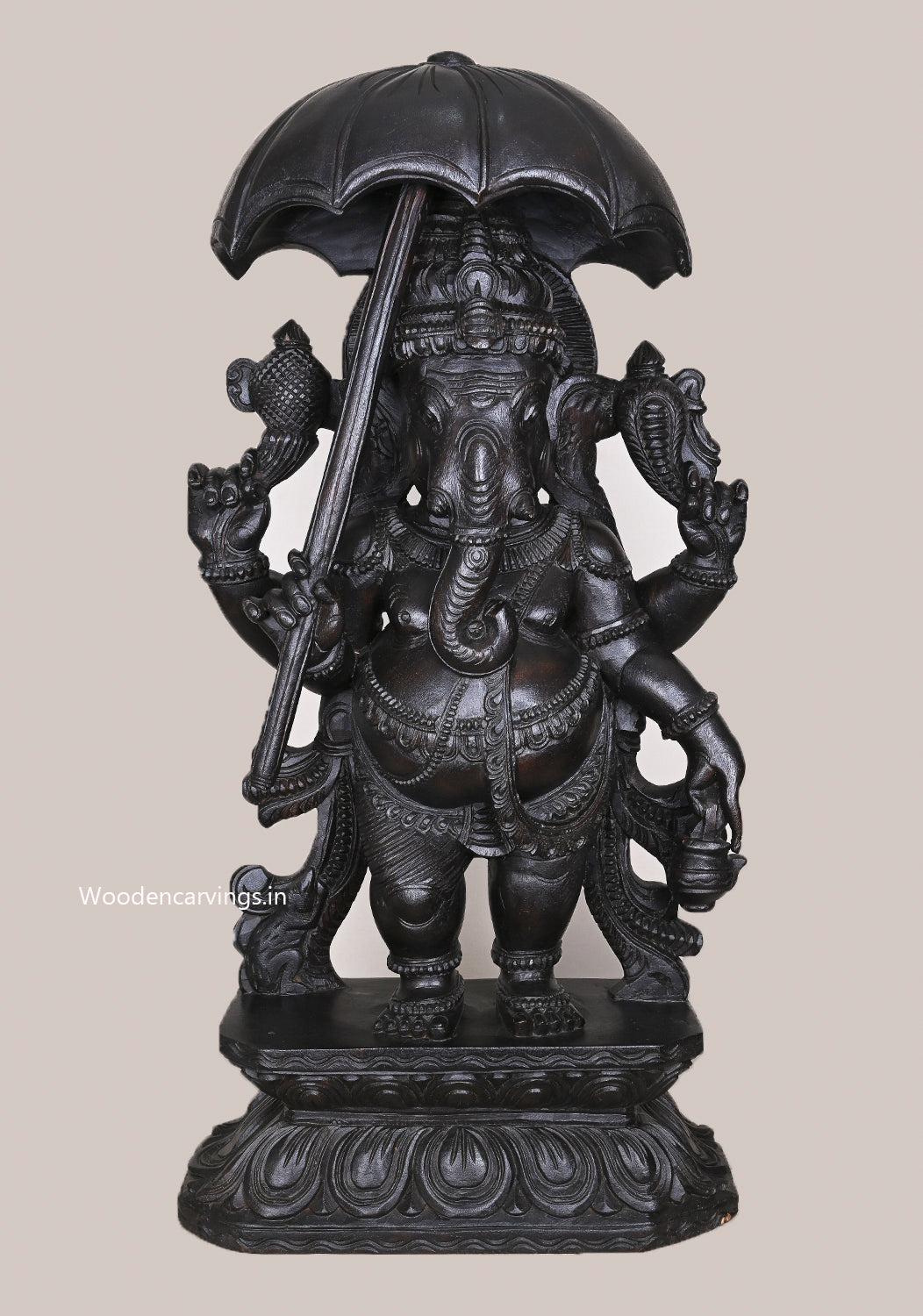 Dark Black Standing Chatra (Umbrella) Ganapathy Holding Kamandalu (Water Pot) Wooden Handmade Sculpture 36"