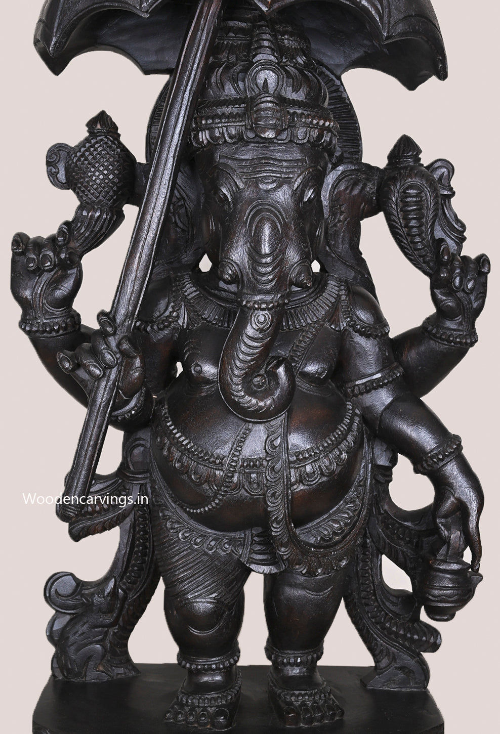 Dark Black Standing Chatra (Umbrella) Ganapathy Holding Kamandalu (Water Pot) Wooden Handmade Sculpture 36"