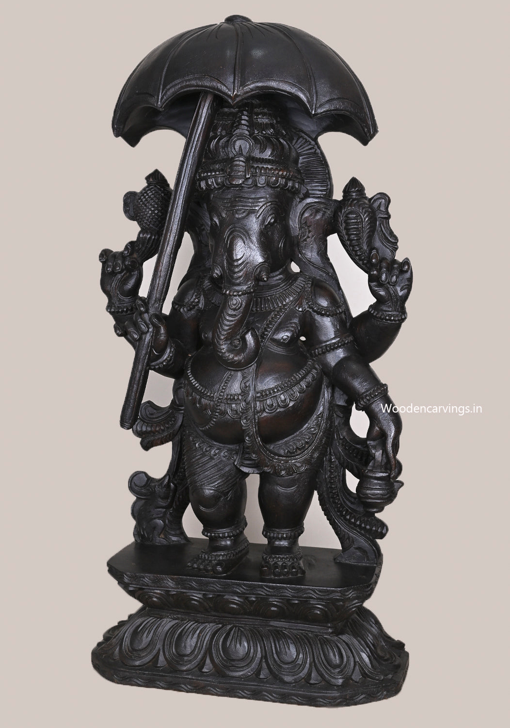 Dark Black Standing Chatra (Umbrella) Ganapathy Holding Kamandalu (Water Pot) Wooden Handmade Sculpture 36"