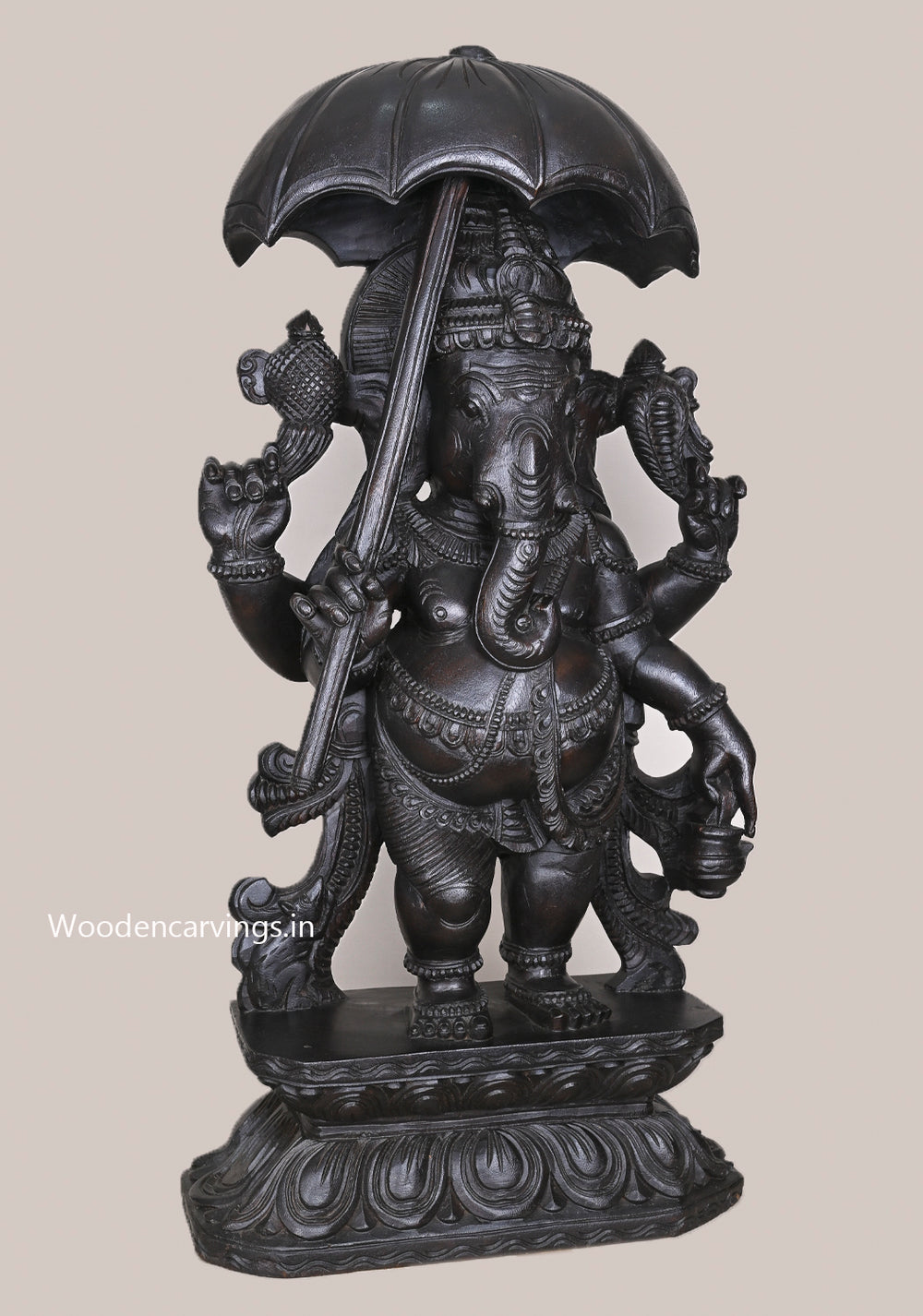 Dark Black Standing Chatra (Umbrella) Ganapathy Holding Kamandalu (Water Pot) Wooden Handmade Sculpture 36"