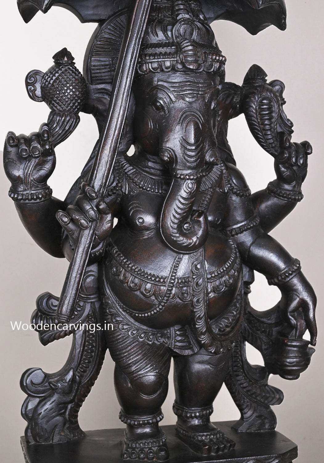 Dark Black Standing Chatra (Umbrella) Ganapathy Holding Kamandalu (Water Pot) Wooden Handmade Sculpture 36"