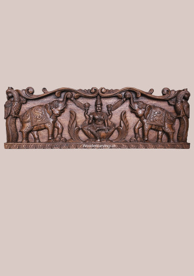 Wealthy Goddess Shri Gaja Lakshmi With Elephants and Standing Paired Parrots Wooden Horizontal Panel 36"