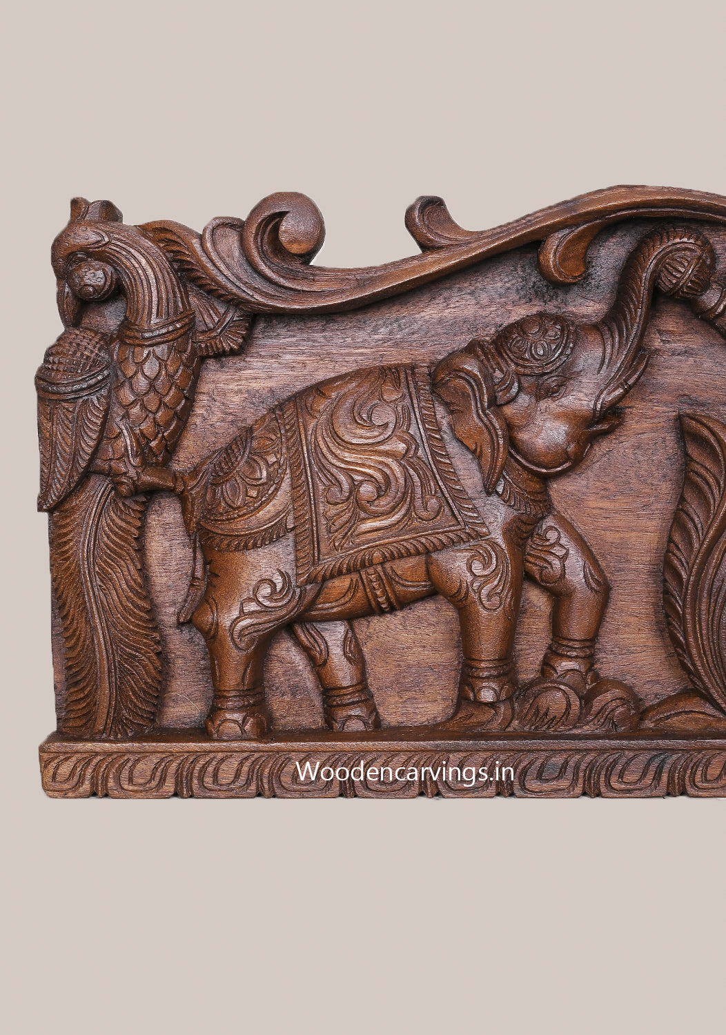 Wealthy Goddess Shri Gaja Lakshmi With Elephants and Standing Paired Parrots Wooden Horizontal Panel 36"