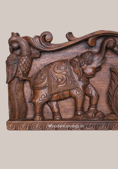 Wealthy Goddess Shri Gaja Lakshmi With Elephants and Standing Paired Parrots Wooden Horizontal Panel 36"