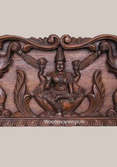 Wealthy Goddess Shri Gaja Lakshmi With Elephants and Standing Paired Parrots Wooden Horizontal Panel 36"