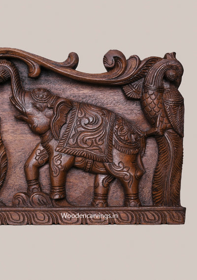 Wealthy Goddess Shri Gaja Lakshmi With Elephants and Standing Paired Parrots Wooden Horizontal Panel 36"