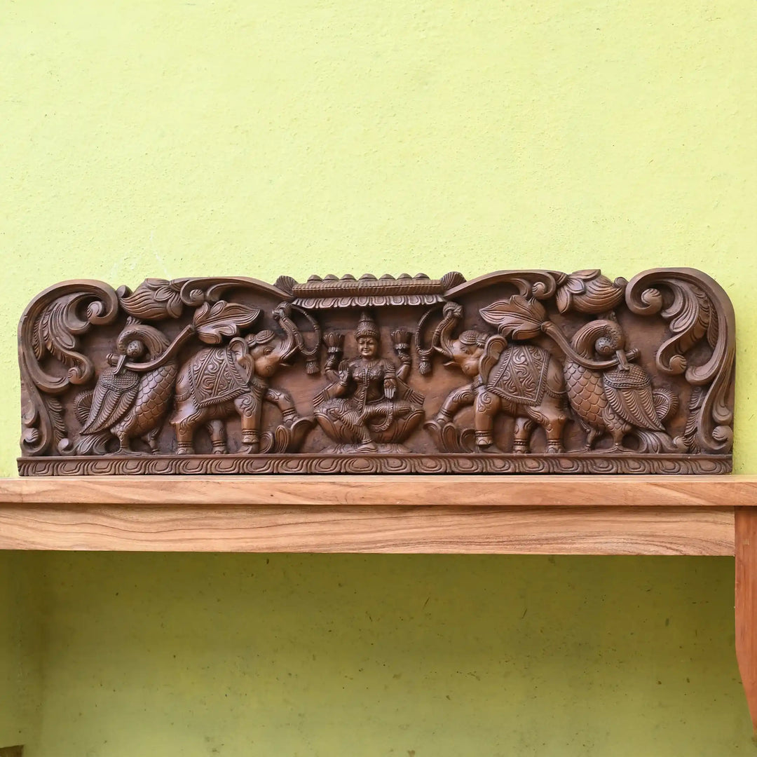 Sacred Gajalakshmi Wood Carving Panel with Swan and Mandir Design_3