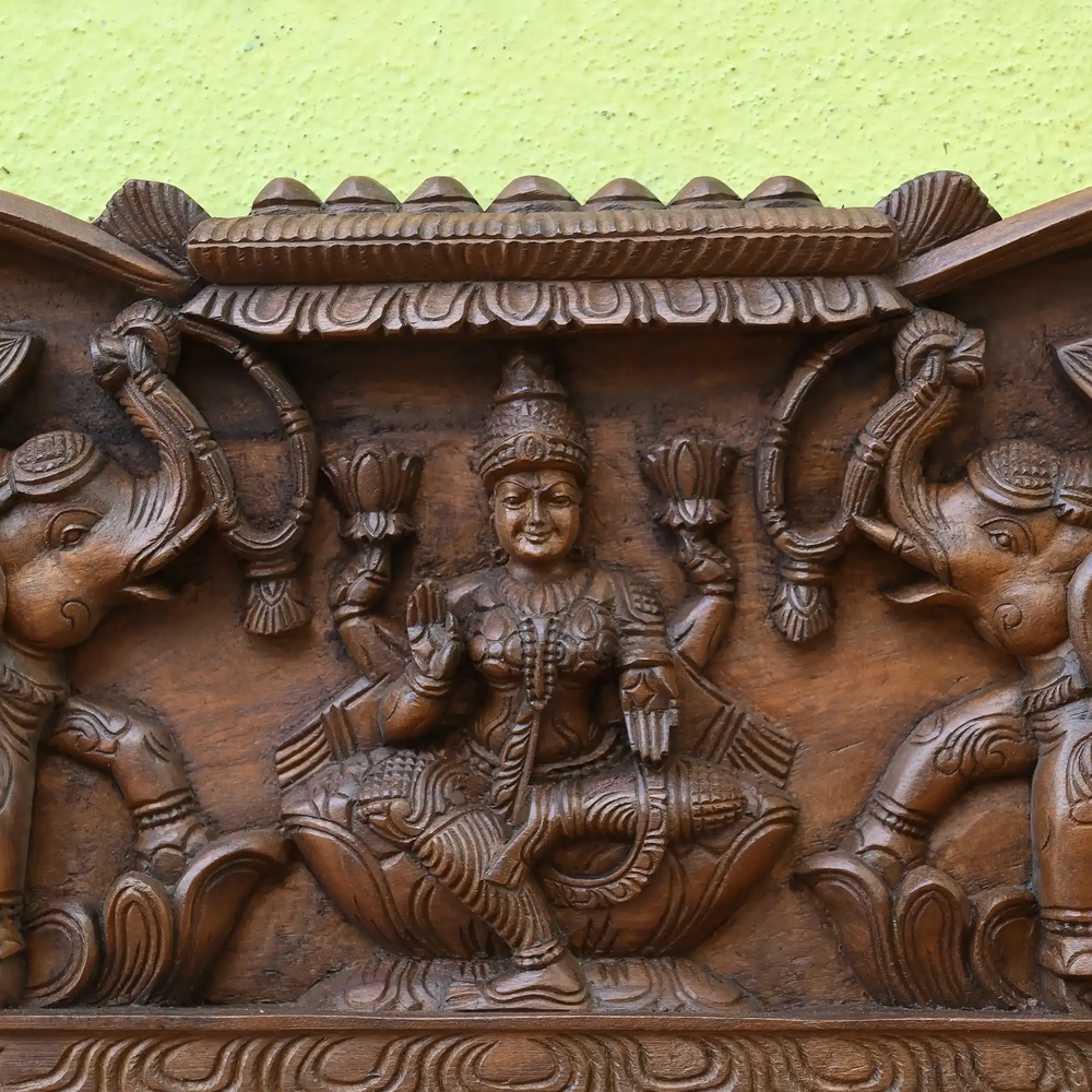 Sacred Gajalakshmi Wood Carving Panel with Swan and Mandir Design_2