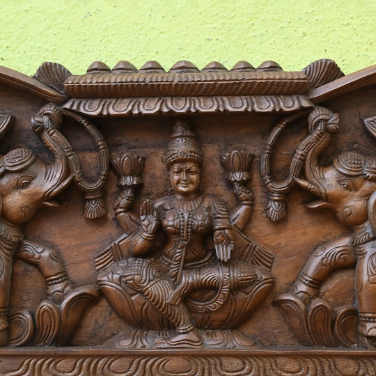 Sacred Gajalakshmi Wood Carving Panel with Swan and Mandir Design_2