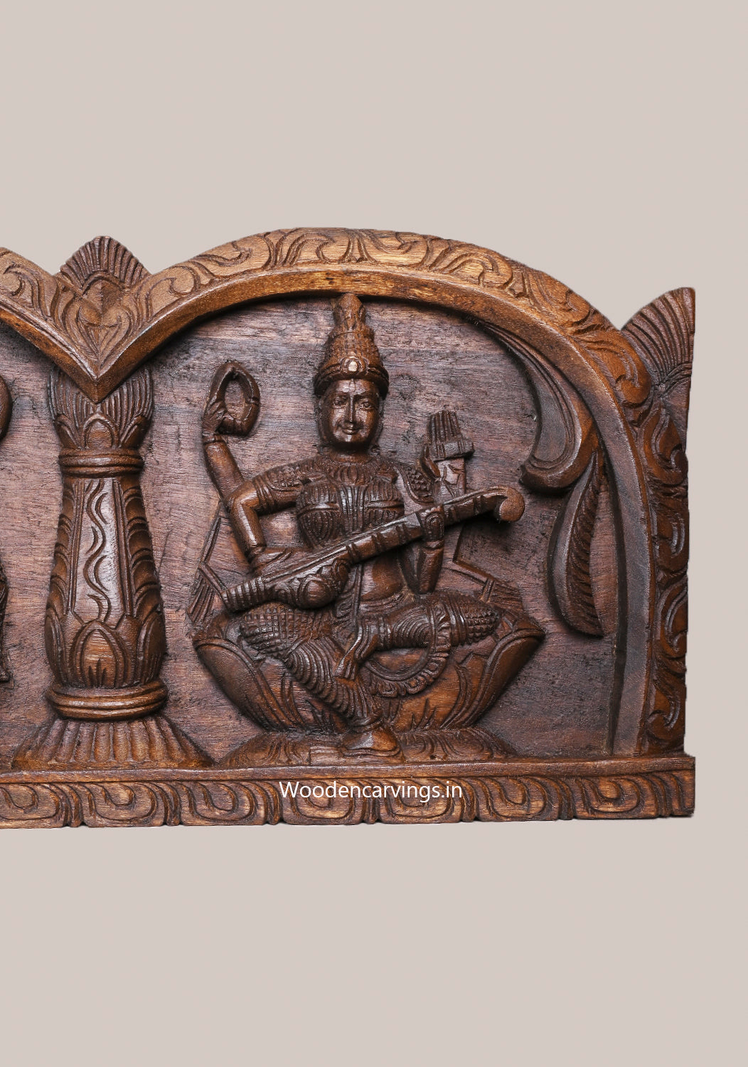 Hindu Deity of Goddess GajaLakshmi With Ganesh and Saraswathi Pillar Design Hooks Fixed Wooden Wall Panel 48"