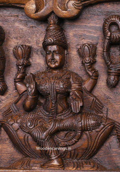 Hindu Deity of Goddess GajaLakshmi With Ganesh and Saraswathi Pillar Design Hooks Fixed Wooden Wall Panel 48"